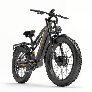 Fat bike électrique gris LANKELEISI tout-terrain vu de côté droit, équipé d’un moteur puissant et robuste.