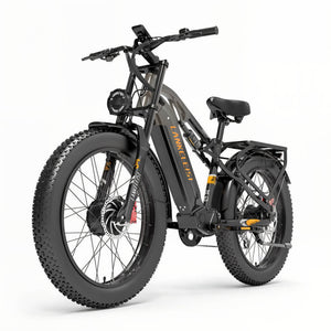 Fat bike électrique gris LANKELEISI tout-terrain vu de côté gauche, prêt pour des trajets tout-terrain.