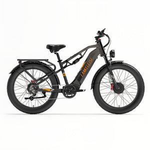 Fat bike électrique gris LANKELEISI tout-terrain, vue diagonale, cadre et pneus résistants.