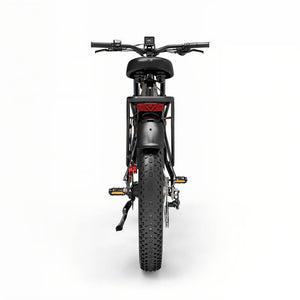 Fat bike électrique orange LANKELEISI tout-terrain vu de l'arrière, équipé de garde-boue et porte-bagages.