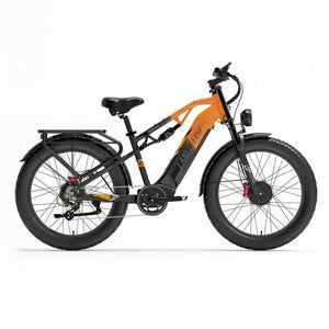 Fat bike électrique orange LANKELEISI tout-terrain, vue diagonale avant pour un aperçu de son design unique.