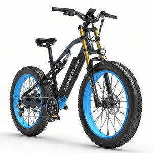 Fat bike électrique bleu LANKELEISI RV700 vu de côté droit, doté de pneus tout-terrain et d’un moteur performant.