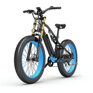 Fat bike électrique bleu LANKELEISI RV700 vu de côté gauche, idéal pour les balades en pleine nature.