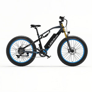 Fat bike électrique bleu LANKELEISI RV700 vu de face, conçu pour les terrains accidentés et les chemins urbains.