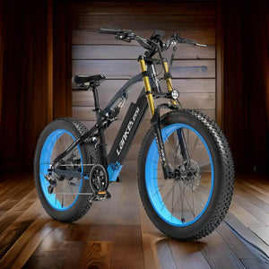 Fat bike électrique bleu LANKELEISI RV700 en vue face, mettant en valeur son design moderne.