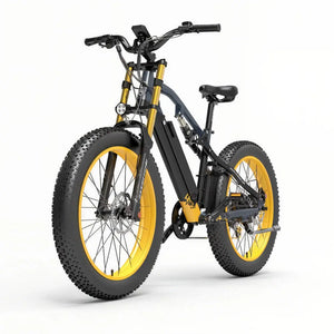 Fat bike électrique jaune LANKELEISI RV700 vu de côté gauche, idéal pour les balades en pleine nature.