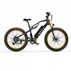Fat bike électrique jaune LANKELEISI RV700 vu de face, conçu pour les terrains accidentés et les chemins urbains.