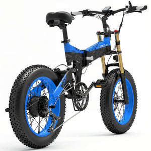 Fat bike électrique LANKELEISI X3000 PLUS-UP bleu vu de l’arrière, avec cadre robuste et porte-bagages pratique.