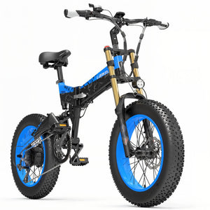 Fat bike électrique LANKELEISI X3000 PLUS-UP bleu vu de côté droit, équipé de pneus tout-terrain et moteur puissant.