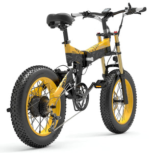 Fat bike électrique LANKELEISI X3000 PLUS-UP jaune vu de l’arrière, avec cadre robuste et porte-bagages pratique.