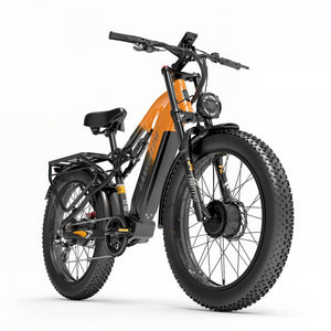 Fat bike électrique orange LANKELEISI MG800 tout-terrain vu de côté droit, pneus larges pour chemins difficiles.