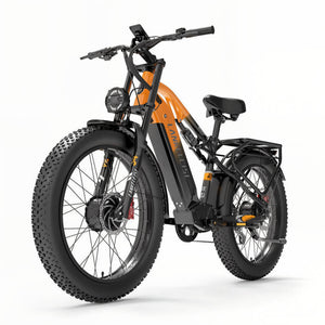 Fat bike électrique orange LANKELEISI tout-terrain vu de côté gauche, avec cadre robuste et moteur intégré.