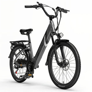 Vélo électrique gris Lankeleisi ES500 Pro vu de côté droit, avec des pneus larges et une motorisation puissante.