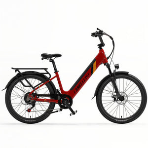 Vélo électrique rouge Lankeleisi ES500 Pro, vue détaillée du design élégant et des finitions haut de gamme.