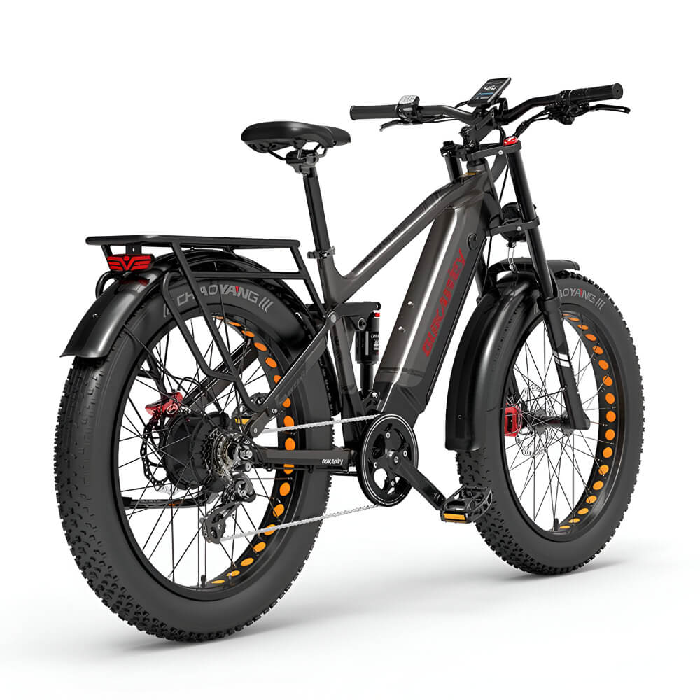 Fat bike électrique gris Dukawey Silvertip8 vu de arrière, mettant en valeur la batterie intégrée.