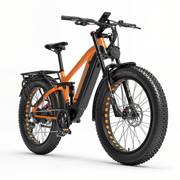 Fat bike électrique orange Dukawey Silvertip8 vu de côté droit, avec cadre robuste et pneus tout-terrain.