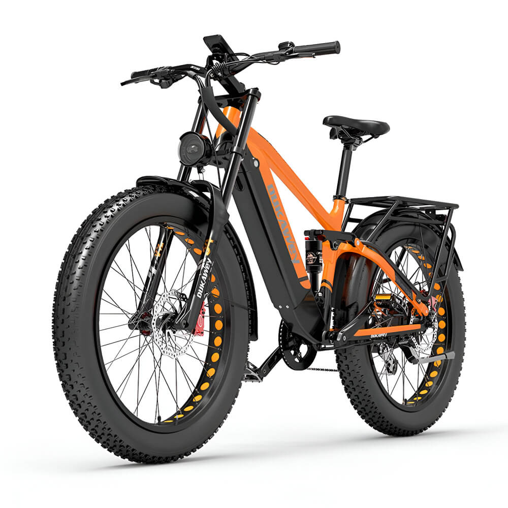 Fat bike électrique orange Dukawey Silvertip8 vu de côté gauche, équipé d’un moteur puissant.