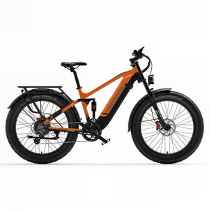 Fat bike électrique orange Dukawey Silvertip8 vu de face, idéal pour les aventures tout-terrain.