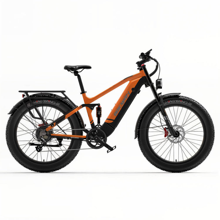 Fat bike électrique orange Dukawey Silvertip8 vu de face, idéal pour les aventures tout-terrain.