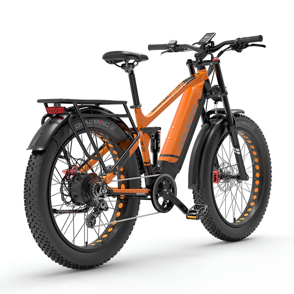 Fat bike électrique orange Dukawey Silvertip8 vu de arrière, mettant en valeur la batterie intégrée.
