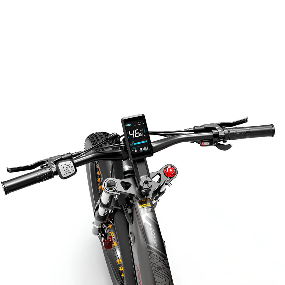 Zoom sur le guidon du fat bike électrique Dukawey Silvertip8, avec écran LCD et commandes intuitives.