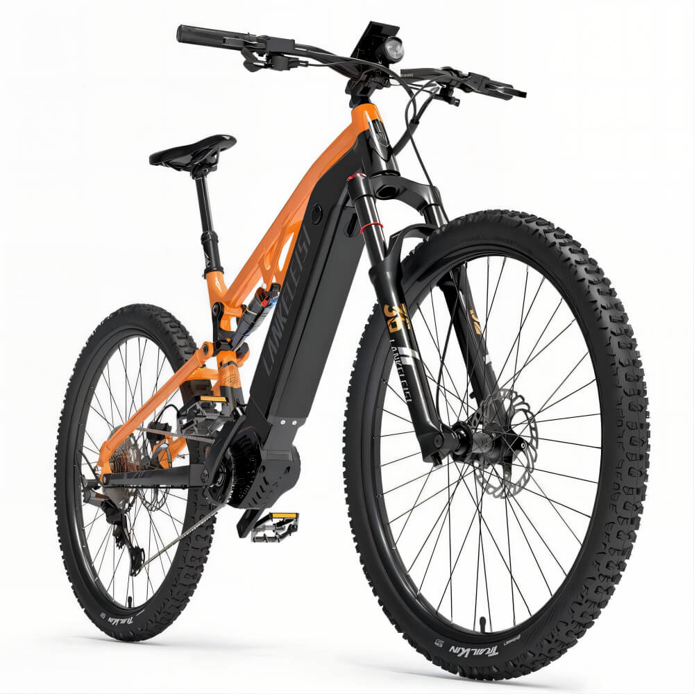 Vue en angle d'un vélo électrique tout-terrain, montrant les détails du cadre.