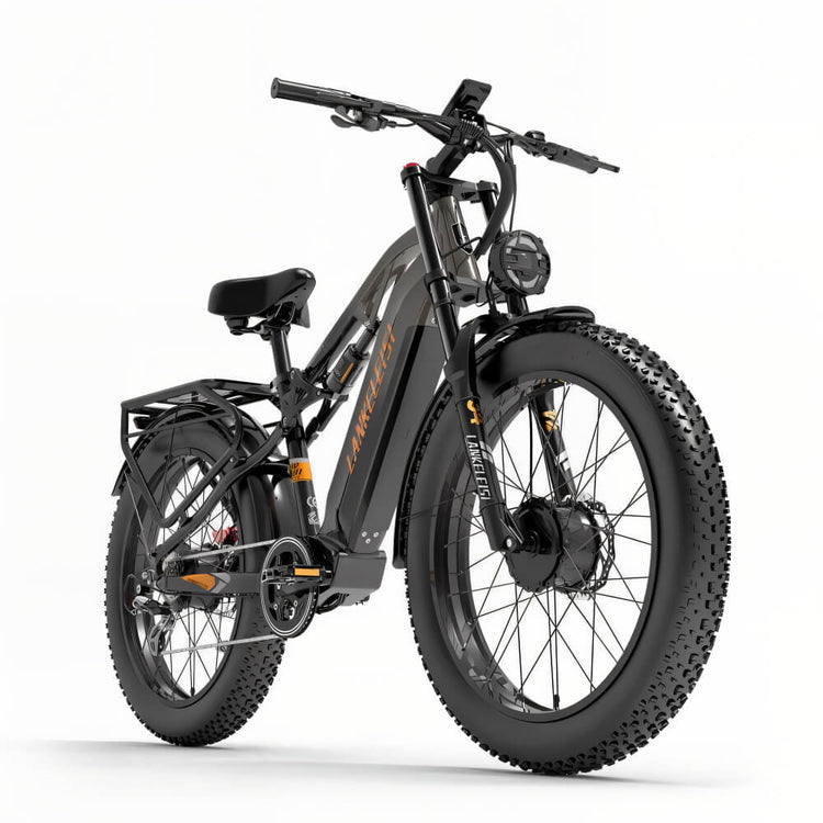 Fat bike électrique gris LANKELEISI tout-terrain vu de côté droit, équipé d’un moteur puissant et robuste.