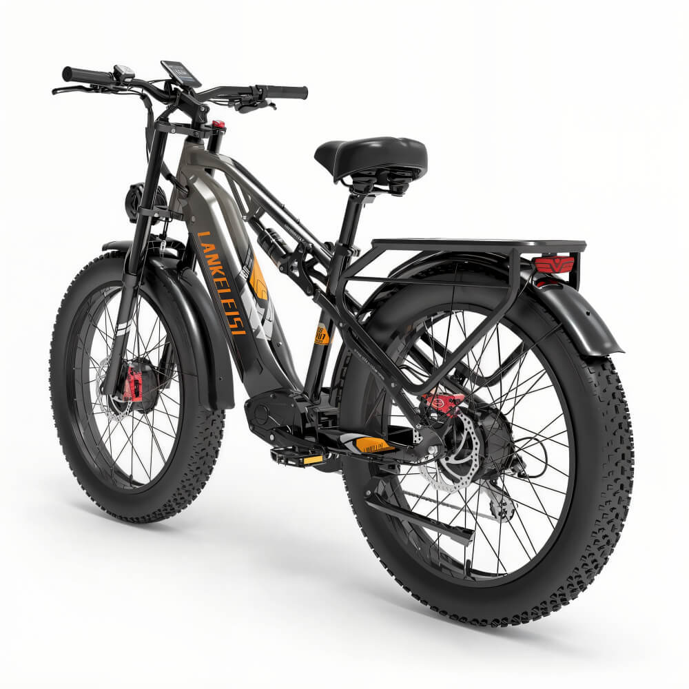 Fat bike électrique gris LANKELEISI tout-terrain vu de l'arrière, pneus épais adaptés aux terrains durs.