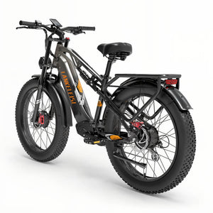 Fat bike électrique gris LANKELEISI tout-terrain vu de l'arrière, pneus épais adaptés aux terrains durs.