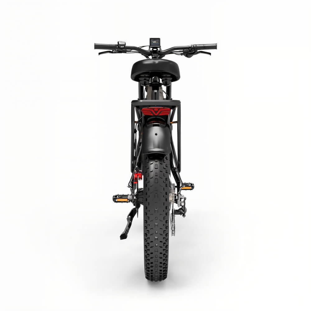 Fat bike électrique orange LANKELEISI tout-terrain vu de l'arrière, équipé de garde-boue et porte-bagages.