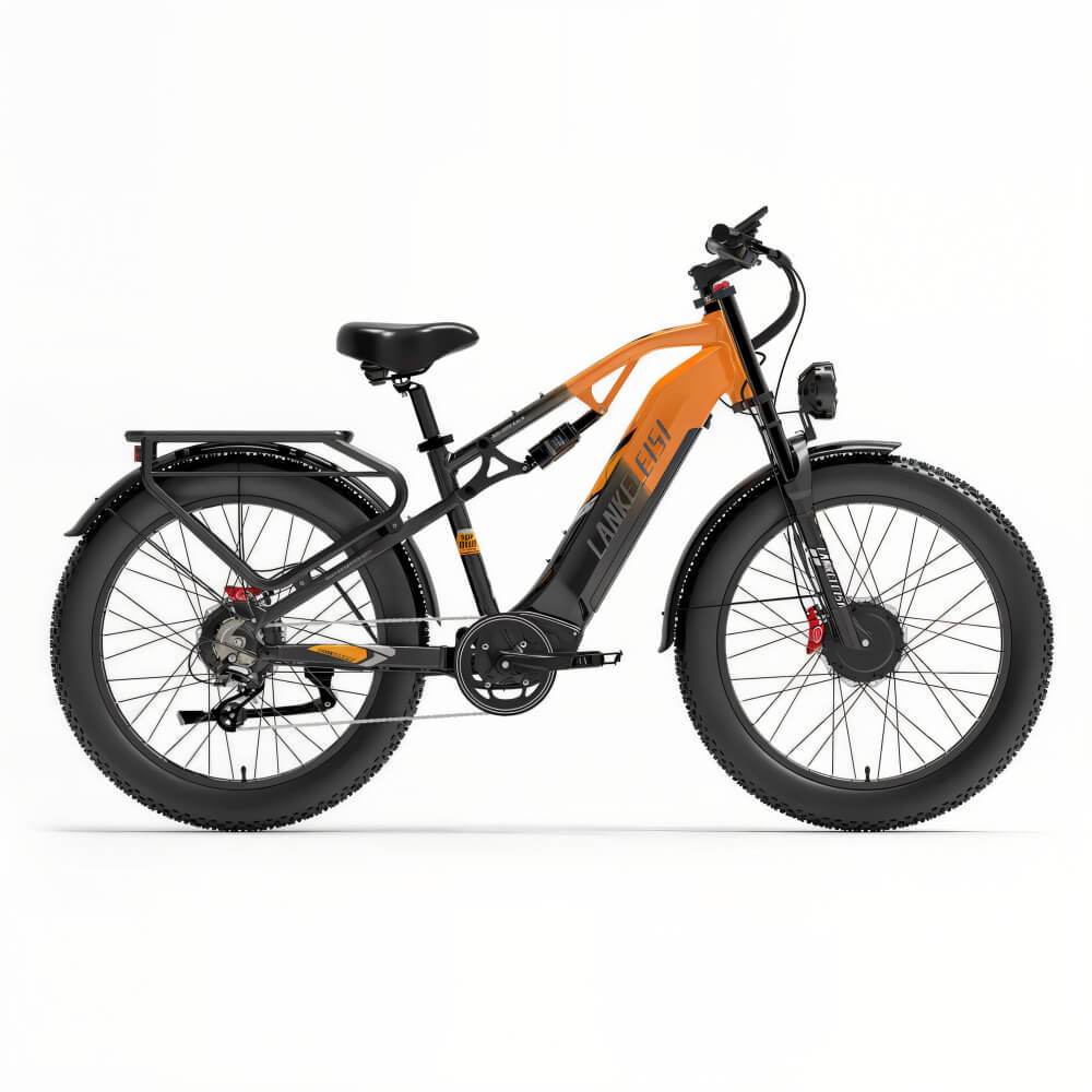 Fat bike électrique orange LANKELEISI tout-terrain, vue diagonale avant pour un aperçu de son design unique.