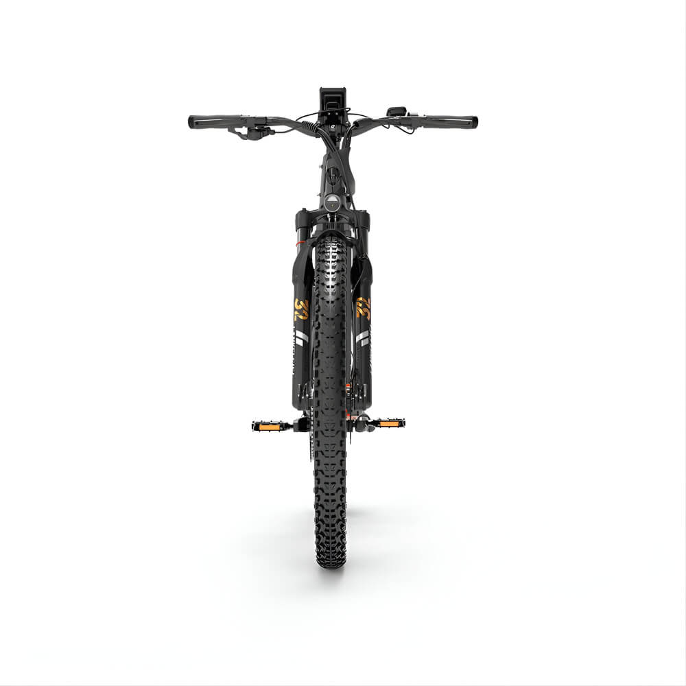 Vélo électrique LANKELEISI MX600 PRO vu de face, idéal pour les terrains accidentés et les chemins urbains.