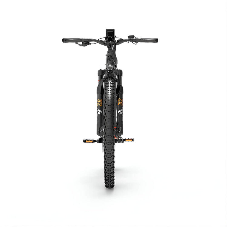 Vélo électrique LANKELEISI MX600 PRO vu de face, idéal pour les terrains accidentés et les chemins urbains.