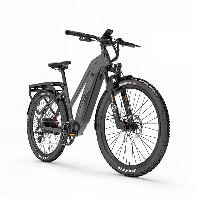 Vélo électrique gris LANKELEISI MX600 PRO vu de côté droit, parfait pour les balades tout-terrain.