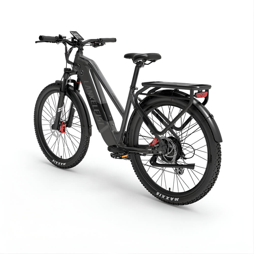 Vélo électrique gris LANKELEISI MX600 PRO vu de l’arrière, avec un design robuste et un porte-bagages intégré.