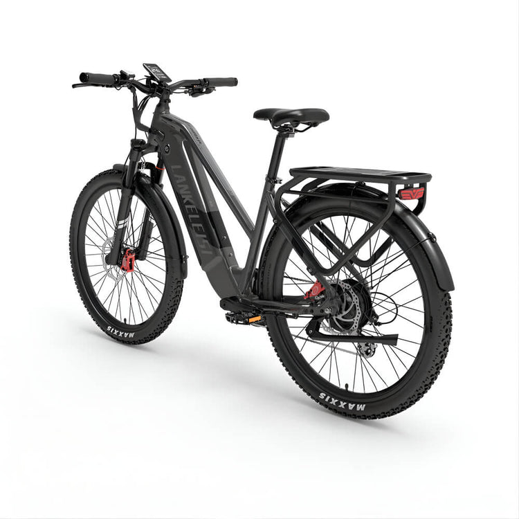 Vélo électrique gris LANKELEISI MX600 PRO vu de l’arrière, avec un design robuste et un porte-bagages intégré.