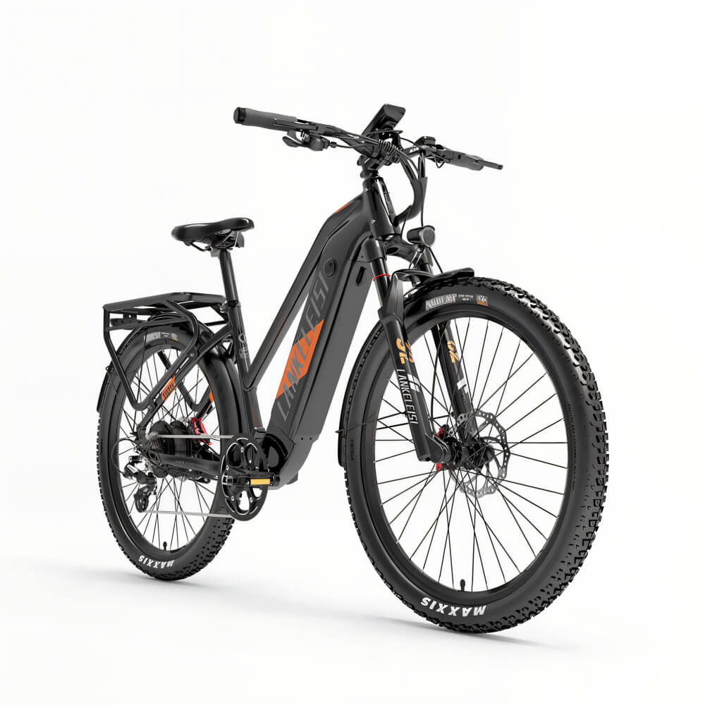 Vélo électrique orange LANKELEISI MX600 PRO vu de côté droit, parfait pour les balades tout-terrain.