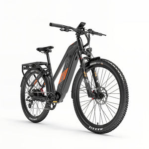 Vélo électrique orange LANKELEISI MX600 PRO vu de côté droit, parfait pour les balades tout-terrain.