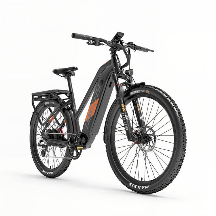 Vélo électrique orange LANKELEISI MX600 PRO vu de côté droit, parfait pour les balades tout-terrain.