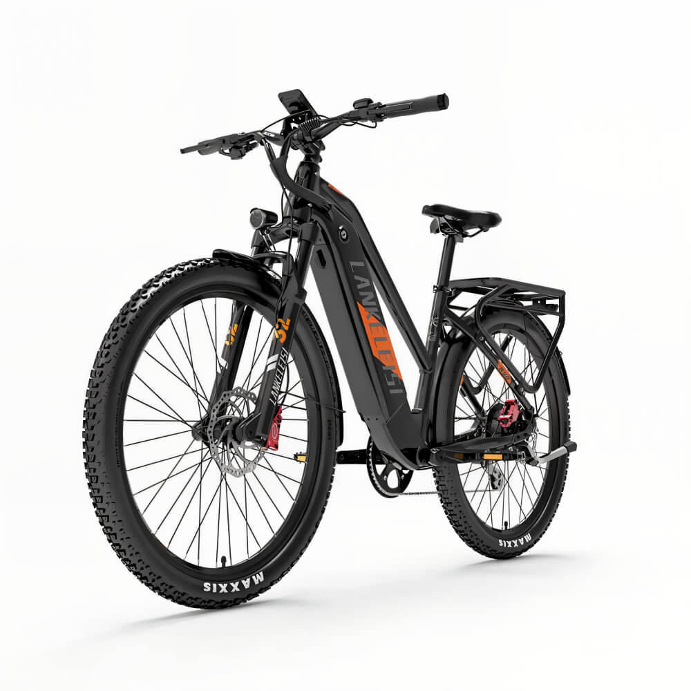 Vélo électrique orange LANKELEISI MX600 PRO vu de côté gauche, parfait pour les balades tout-terrain.