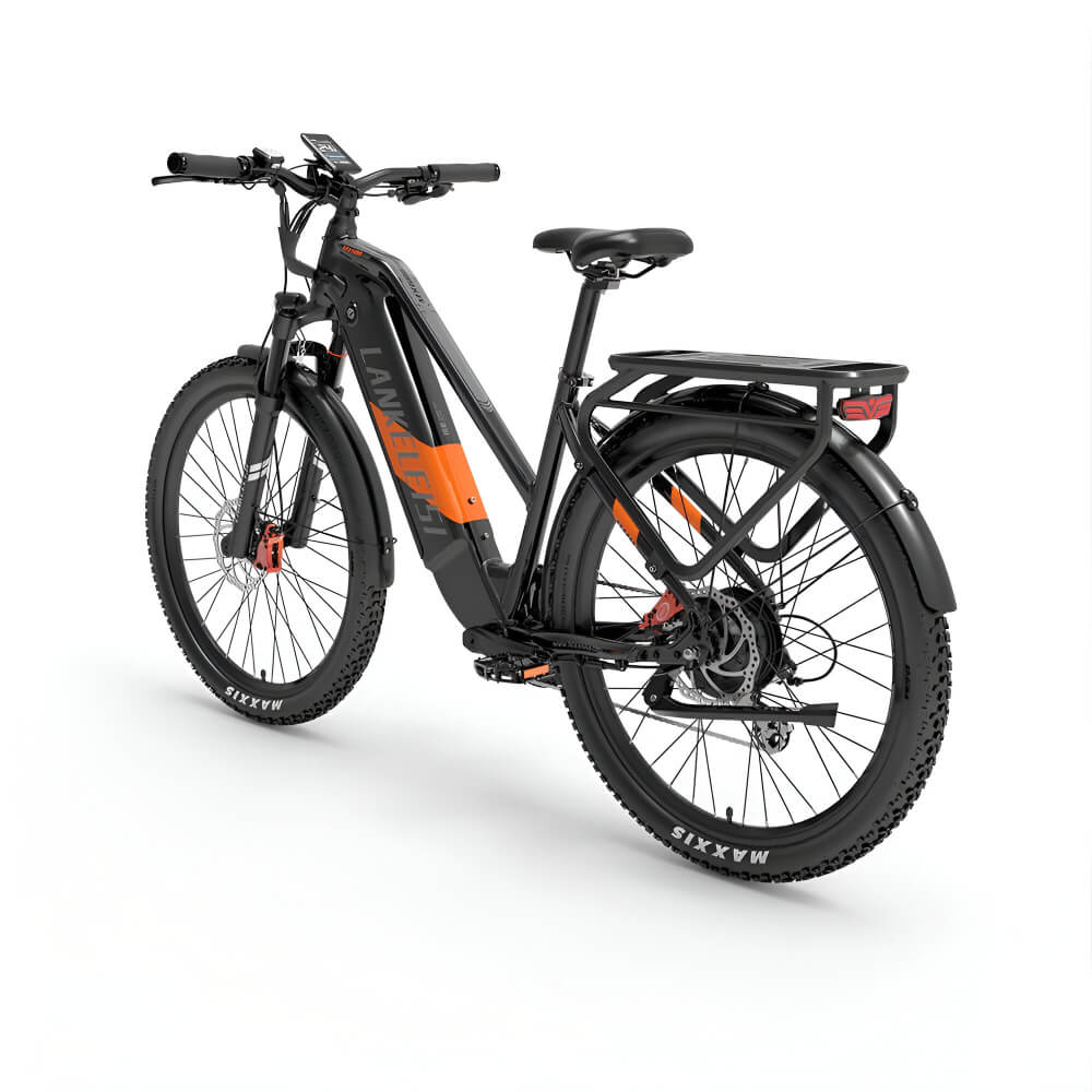 Vélo électrique orange LANKELEISI MX600 PRO vu de l’arrière, avec un design robuste et un porte-bagages intégré.