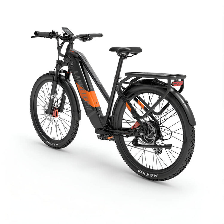 Vélo électrique orange LANKELEISI MX600 PRO vu de l’arrière, avec un design robuste et un porte-bagages intégré.