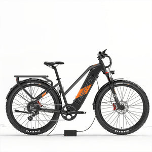 Vélo électrique orange LANKELEISI MX600 PRO en situation, sur un chemin tout-terrain, illustrant ses capacités.