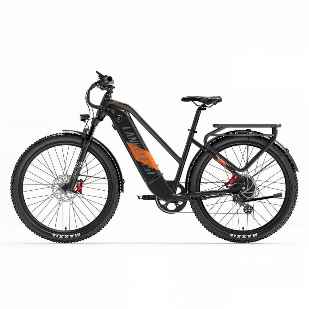 Vélo électrique orange LANKELEISI MX600 PRO en vue avant, mettant en valeur son design élégant.
