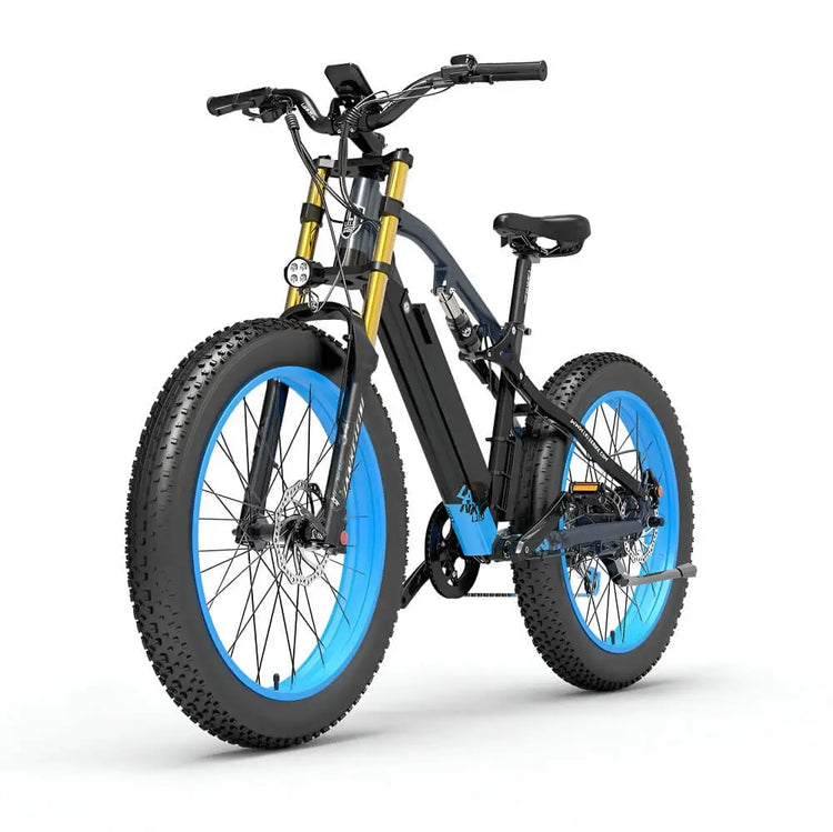 Fat bike électrique bleu LANKELEISI RV700 vu de côté gauche, idéal pour les balades en pleine nature.