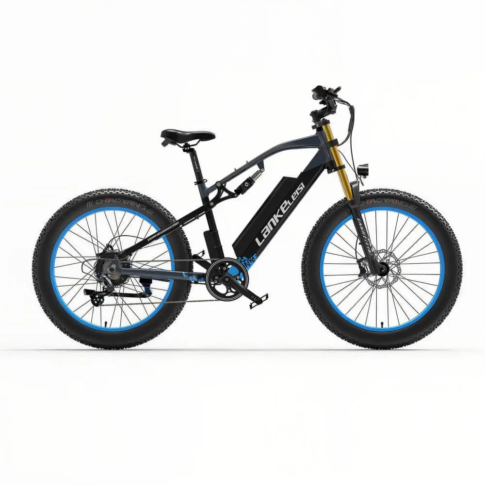 Fat bike électrique bleu LANKELEISI RV700 vu de face, conçu pour les terrains accidentés et les chemins urbains.