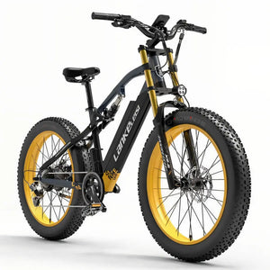 Fat bike électrique jaune LANKELEISI RV700 vu de côté droit, doté de pneus tout-terrain et d’un moteur performant.