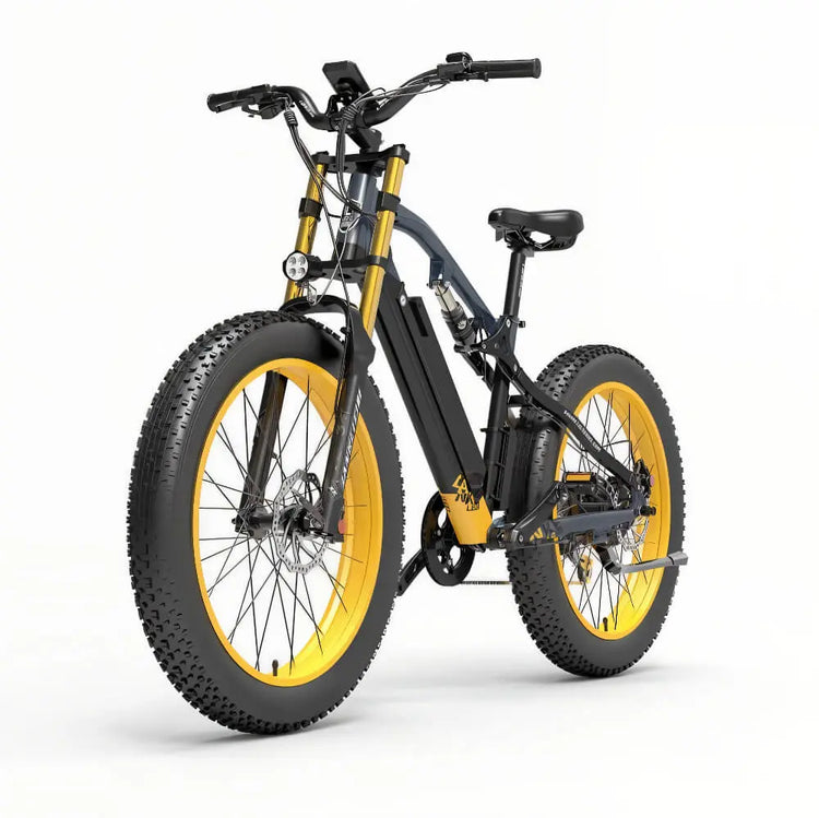Fat bike électrique jaune LANKELEISI RV700 vu de côté gauche, idéal pour les balades en pleine nature.