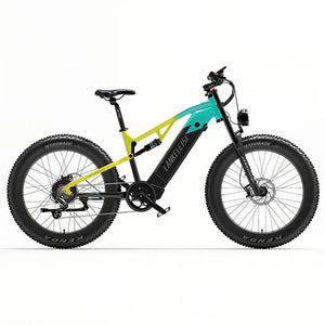 Fat bike électrique jaune LANKELEISI, vue avant avec un design robuste et des pneus larges pour le off-road.