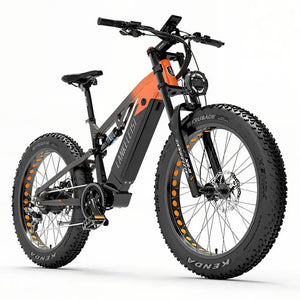 Vélo électrique LANKELEISI orange, vue de côté droit, adapté aux terrains escarpés.